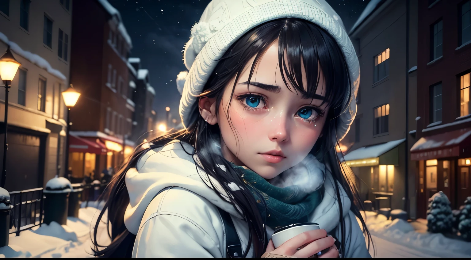 (best quality,4k,8k,highres,masterpiece:1.2),ultra-detailed,(realistic,photorealistic,photo-realistic:1.37),anime girl with blue-green eyes crying,[window view] of a snow-covered city street,[winter eve street],snowflakes falling gently in the air,soft and delicate flakes landing on the girl's dark hair,[winter-themed anime artwork] with vibrant colors and fine details,subtle shades of blue and green in the girl's tears,her face expressing sorrow and vulnerability,misty breath escaping from her lips in the cold air,street lamps casting a warm glow on the wintry scene,icycles parked along the sidewalk adding a touch of realism and texture,cityscape in the background covered in a soft white blanket of snow,twinkling stars in the night sky reflecting in the girl's teary eyes,emotional atmosphere with a mix of melancholy and hope,hint of steam rising from a nearby hot drink, creating a sense of warmth,artistic strokes giving a painterly effect,textured reflections on the window glass,indicating the girl's inner thoughts and feelings,unique and captivating anime style with intricate line work and attention to detail,bringing the viewer into the world of the girl's emotions and the serene winter cityscape.