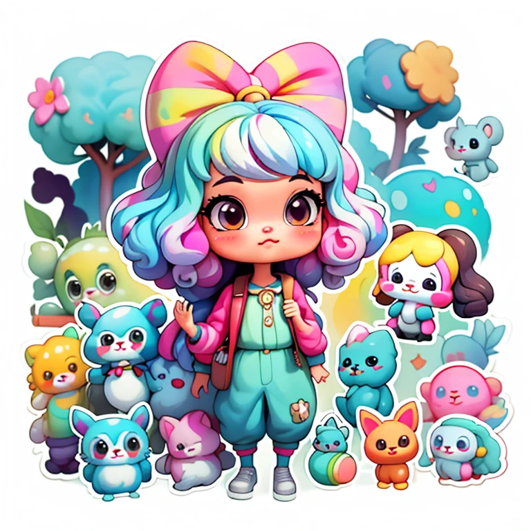 a cartoon girl with glasses, Menina afro-americana, menina elegante afro-americana, mochila roxa, long pants, Muitas bolhas, flor, super bonito funky menina preta, arte digital detalhada bonito, Retrato de uma Lisa Frank, arte digital bonito, arte dos desenhos animados, estilo de arte dos desenhos animados, full-colour illustration, advanced digital chibi art, Cartoon style illustration, painting digital adorable, estilo de arte bonito, Estilo Lisa Frank, personagem bonito dos desenhos animados, colorful flor
