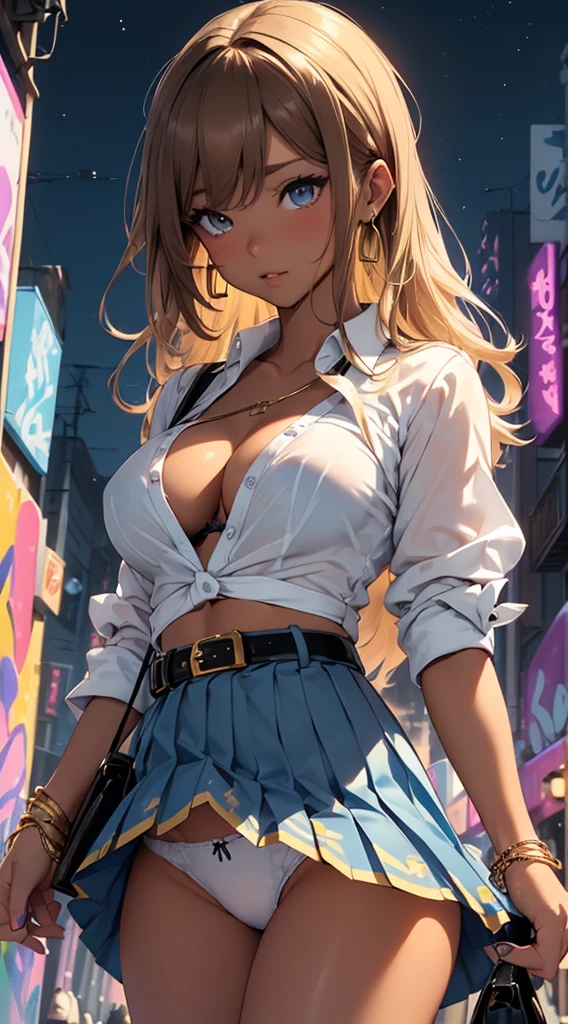 masuter piece、best qualtiy、ighly detailed、photoRealstic、超A high resolution)、 ((Colorful graffiti art background at night:1.3)、(ighly detailed night background))、 (one beautiful women、(long blonde hair 1.2)、ighly detailedな顔、ighly detailedな目、heavy make-up、Open your mouth wide and stick your tongue out、cum faced、(Blue earrings)、Thick lip)、 ((Tie the white shirt at the belly button:1.3)、(Showing off her exposed blue bra under her open white shirt:1.7))、((tight black pleated skirt lift:1.7)、(showing off sexy blue panties:1.7)、(Cameltoe:1.2)))、(((((Gold Bracelet、Gold Belt、Black Bag))))))、 (breasts are medium、short and narrow waist、glamorous、tanned brown skin:1.7)、(walk looking down 1.5)、(Super close-up shot looking up diagonally from below:1.7)、ultra close up、taken from the under、NSFW、Scale to fit image