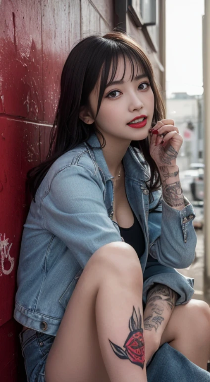 The most beautiful and sexy girl, wearing hoodie, graphic t-shirt, torn skinny jeans and highly detailed, tons of tattoos and piercings, foot, highly detailed background, perfect masterpiece, high quality, high resolution