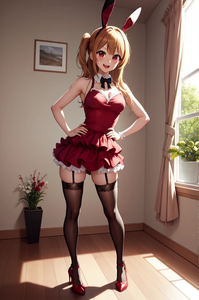 anime, beautiful face, highly detailed face, 2 accurate legs detailed eyes, highly detailed background, perfect lighting, accurate arms, accurate hands, accurate fingers, full body, 1girl, solo, ruby hoshino, oshi no ko, indoors, heels, thighhighs, garter stockings, indoors, absurdres, high res, ultrasharp, 8K, masterpiece, looking at viewer, (full body:1.4), smiling with compassion, open mouth smile, bunny ears hair accessories, sexy bunny outfit, revealing bunny outfit, hands on hips, leaning forward,