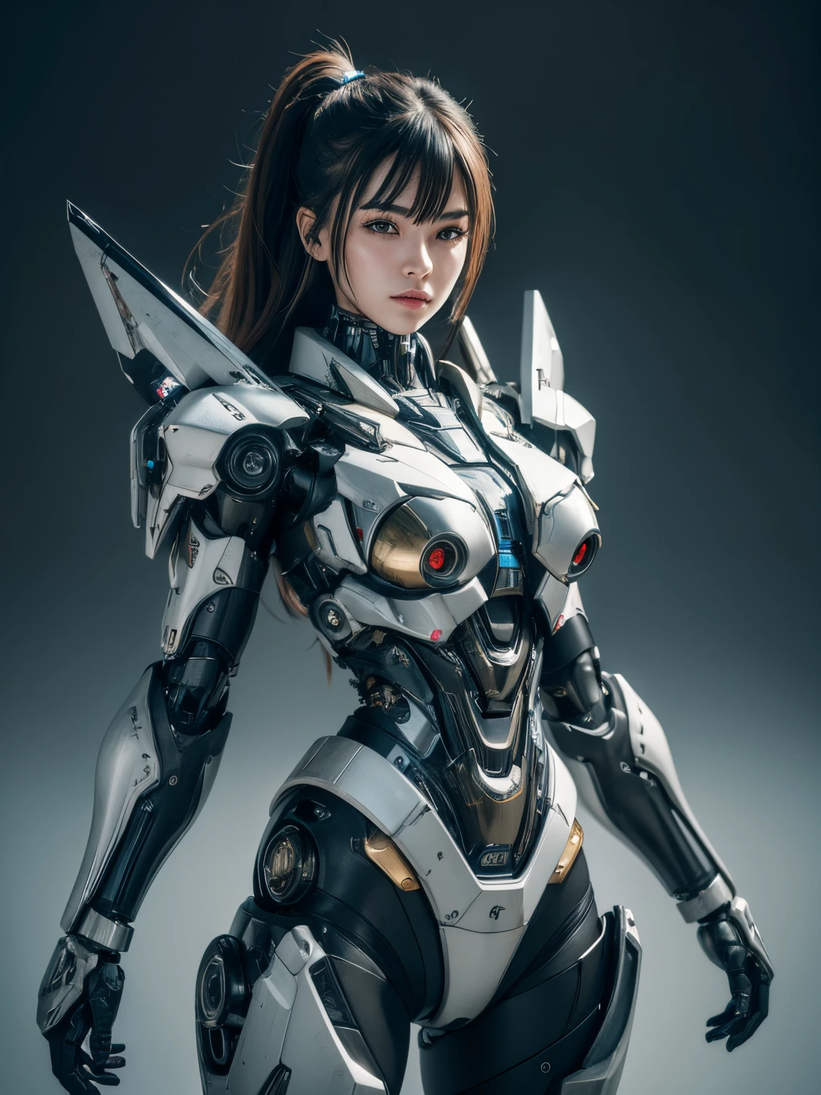 Textured skin, Super Detail, high details, High quality, Best Quality, hight resolution, 1080p, hard disk, Beautiful,beautiful cyborg woman,Mecha Cyborg Girl,Battle Mode,Girl with a Mecha Body,She wears a battle cyborg mech with a weapon,Cyborg Warrior,fully body photo