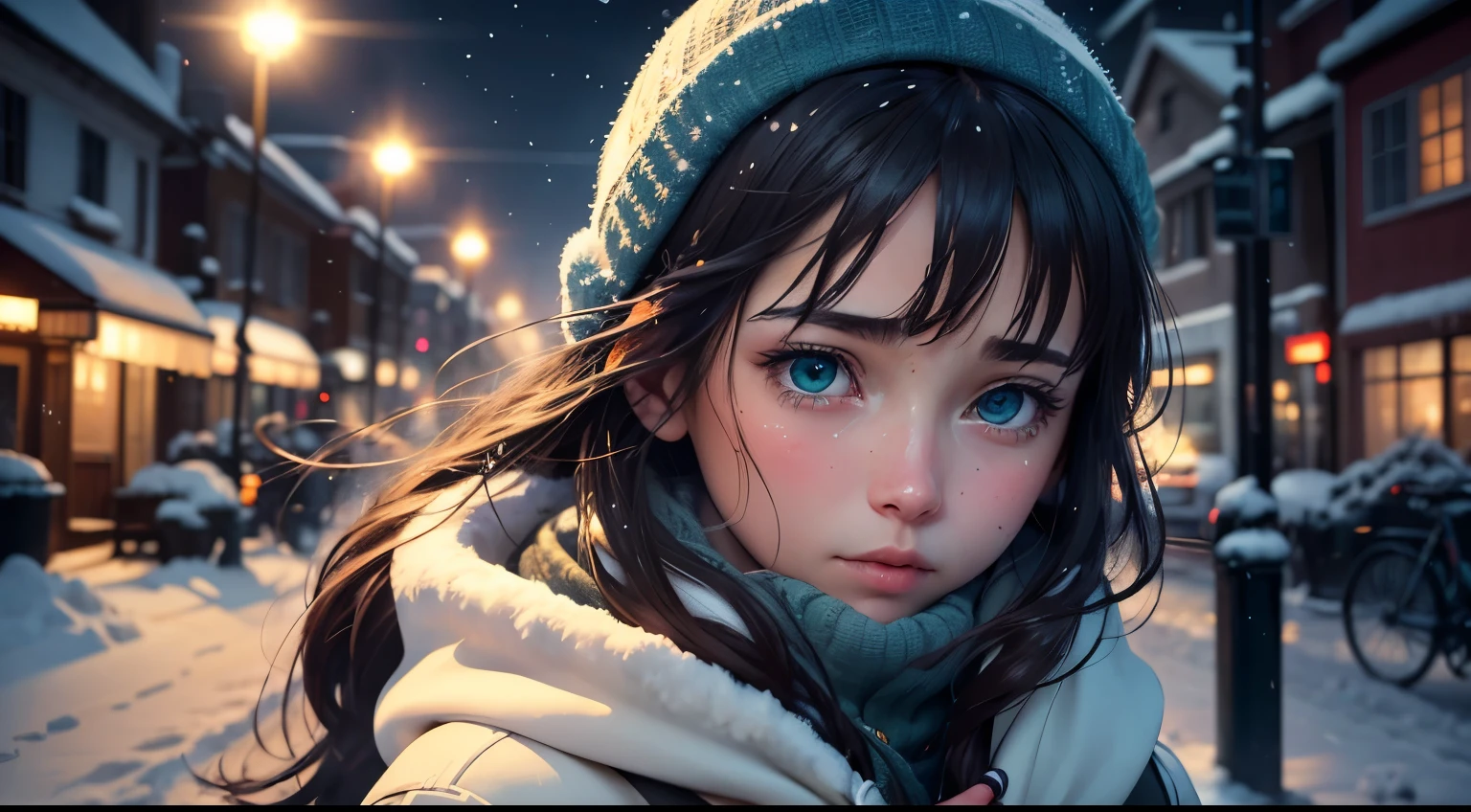 (best quality,4k,8k,highres,masterpiece:1.2),ultra-detailed,(realistic,photorealistic,photo-realistic:1.37),anime girl with blue-green eyes crying,[window view] of a snow-covered city street,[winter eve street],snowflakes falling gently in the air,soft and delicate flakes landing on the girl's dark hair,[winter-themed anime artwork] with vibrant colors and fine details,subtle shades of blue and green in the girl's tears,her face expressing sorrow and vulnerability,misty breath escaping from her lips in the cold air,street lamps casting a warm glow on the wintry scene,icycles parked along the sidewalk adding a touch of realism and texture,cityscape in the background covered in a soft white blanket of snow,twinkling stars in the night sky reflecting in the girl's teary eyes,emotional atmosphere with a mix of melancholy and hope,hint of steam rising from a nearby hot drink, creating a sense of warmth,artistic strokes giving a painterly effect,textured reflections on the window glass,indicating the girl's inner thoughts and feelings,unique and captivating anime style with intricate line work and attention to detail,bringing the viewer into the world of the girl's emotions and the serene winter cityscape.