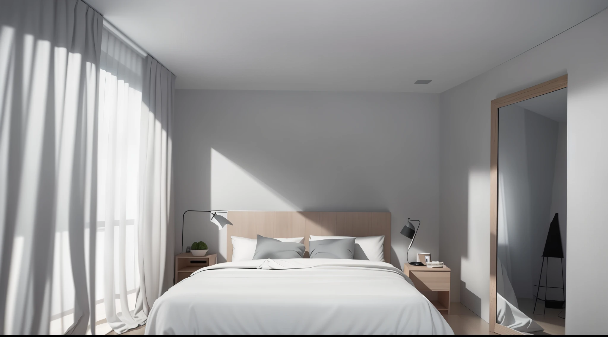 there is a bed with a white comforter and a mirror, all white render, realistic 3 d style, render in vray, render vray, rendered in vray, very realistic 3 d render, in style of simplified realism, bright render, hyper realistic style, vray rendered, very realistic render, photorealistic style, in style of 3d render