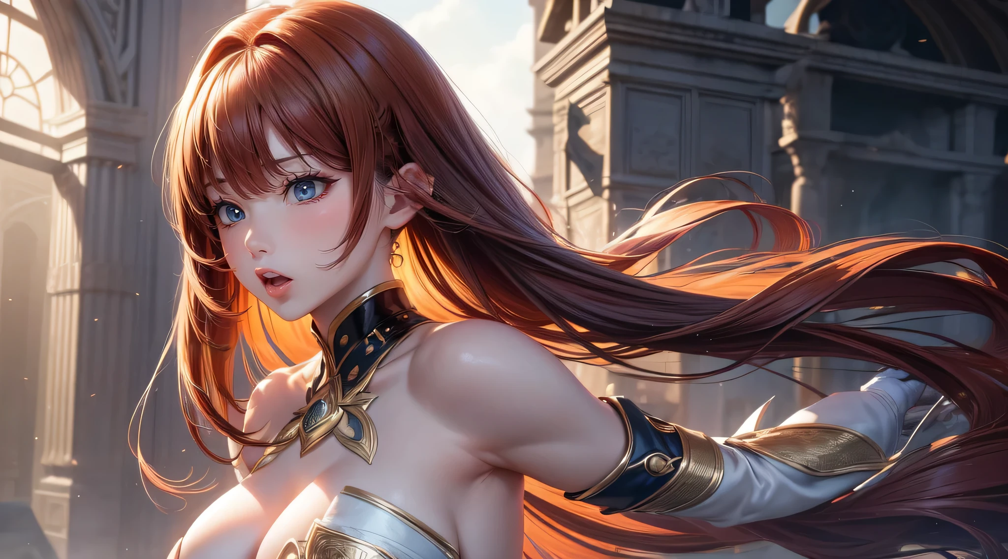 Dynamic fighting stance,1girl in,(Ultra detailed skin),Curve,Petite,Beautiful breasts,Large breasts,pale skin,pointed breast,Erect nipples,(Fantasy Art,Highest image quality,Hyperrealist portrait,(8K),Ultra-realistic,Best Quality, High quality, High Definition, High quality texture,high detailing,Beautiful detailed,fine detailed,extremely details CG,Detailed texture,realistic representation of face,masutepiece,presence,Dynamic,Bold),Bob Hair,(super thin hair),(ultra soft hair),(ultra straight hair:1.5),Swept long bangs,Extra bright coppery amber hair,Hair over one eye