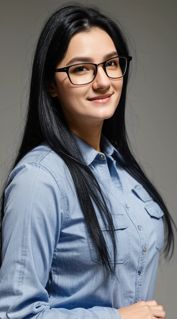 a woman wearing glasses and a gray shirt, wavy long black hair and glasses, roxie vizcarra-betty la fea merged, entire body visible, full body, hyperrealistic, real human skin, best quality, 8K, masterpiece, extremely intricate, detailed eyes, detailed face, detailed body, exaggerated features, pronounced features, fujifilm