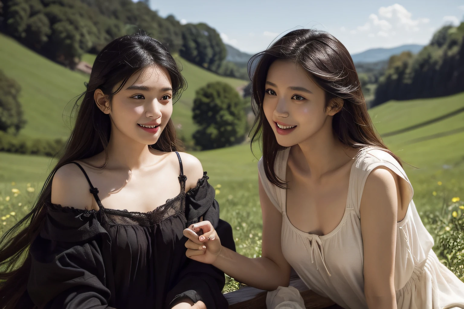 Poussin-style landscape,A smile,,Sweet and seductive appearance.、Caravaggio's paintings、Chiaroscuro of Caravaggio、Hair disheveled in the wind,Two women frolicking,Cute smile, Expression of ecstasy,A sexy,erotick