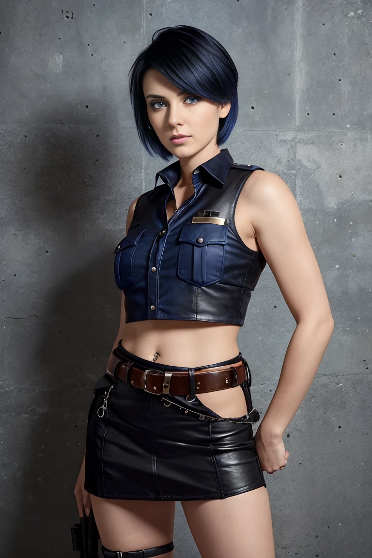 25 year old woman with short undercut indigo hair dressed in a skimpy sleeveless black police officer blouse with leather miniskirt, wearing a pistol on her belt. Blue eyes with eye liner. Neutral background