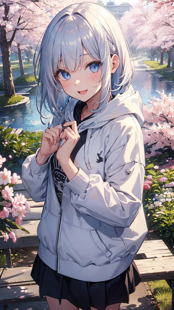 Ultra-high image quality,Look at viewers, hands behind back, girl with, 20 years old, Very short hair, long bangs between eyes, blue eyess,Black eyes, Hoodie, Skirt , Extremely detailed,(masterpiece、top-quality),White hair、A smile、Fantastical, Silver hair,, Hoodie, White hoodie,a black skirt,Hair is short,White jacket, Casual style,Open jacket, Cowboy Shot、Fluttering hair、a small face、Bright smile、(Detailed face) ,profetional lighting,fantastic landscape,Blue sky, Sunlight,look down from above,portraitures、open open mouth、facing front、fountain in the forest、flower field、cherry blossoms falling、5 fingers