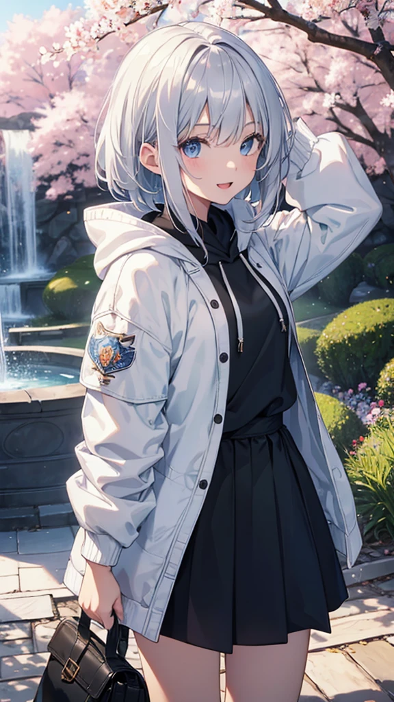 Ultra-high image quality,Look at viewers, hands behind back, girl with, 20 years old, Very short hair, long bangs between eyes, blue eyess,Black eyes, Hoodie, Skirt , Extremely detailed,(​masterpiece、top-quality),White hair、A smile、Fantastical, Silver hair,,  Hoodie, White hoodie,a black skirt,Hair is short,White jacket, Casual style,Open jacket,  Cowboy Shot、Fluttering hair、a small face、Bright smile、(Detailed face) ,profetional lighting,fantastic landscape,Blue sky, Sunlight,look down from above,portraitures、open open mouth、facing front、fountain in the forest、flower  field、cherry blossoms falling、5 fingers