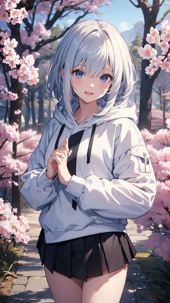Ultra-high image quality,Look at viewers, hands behind back, girl with, 20 years old, Very short hair, long bangs between eyes, blue eyess,Black eyes, Hoodie, Skirt , Extremely detailed,(masterpiece、top-quality),White hair、A smile、Fantastical, Silver hair,, Hoodie, White hoodie,a black skirt,Hair is short,White jacket, Casual style,Open jacket, Cowboy Shot、Fluttering hair、a small face、Bright smile、(Detailed face) ,profetional lighting,fantastic landscape,Blue sky, Sunlight,look down from above,portraitures、open open mouth、facing front、fountain in the forest、flower field、cherry blossoms falling、5 fingers