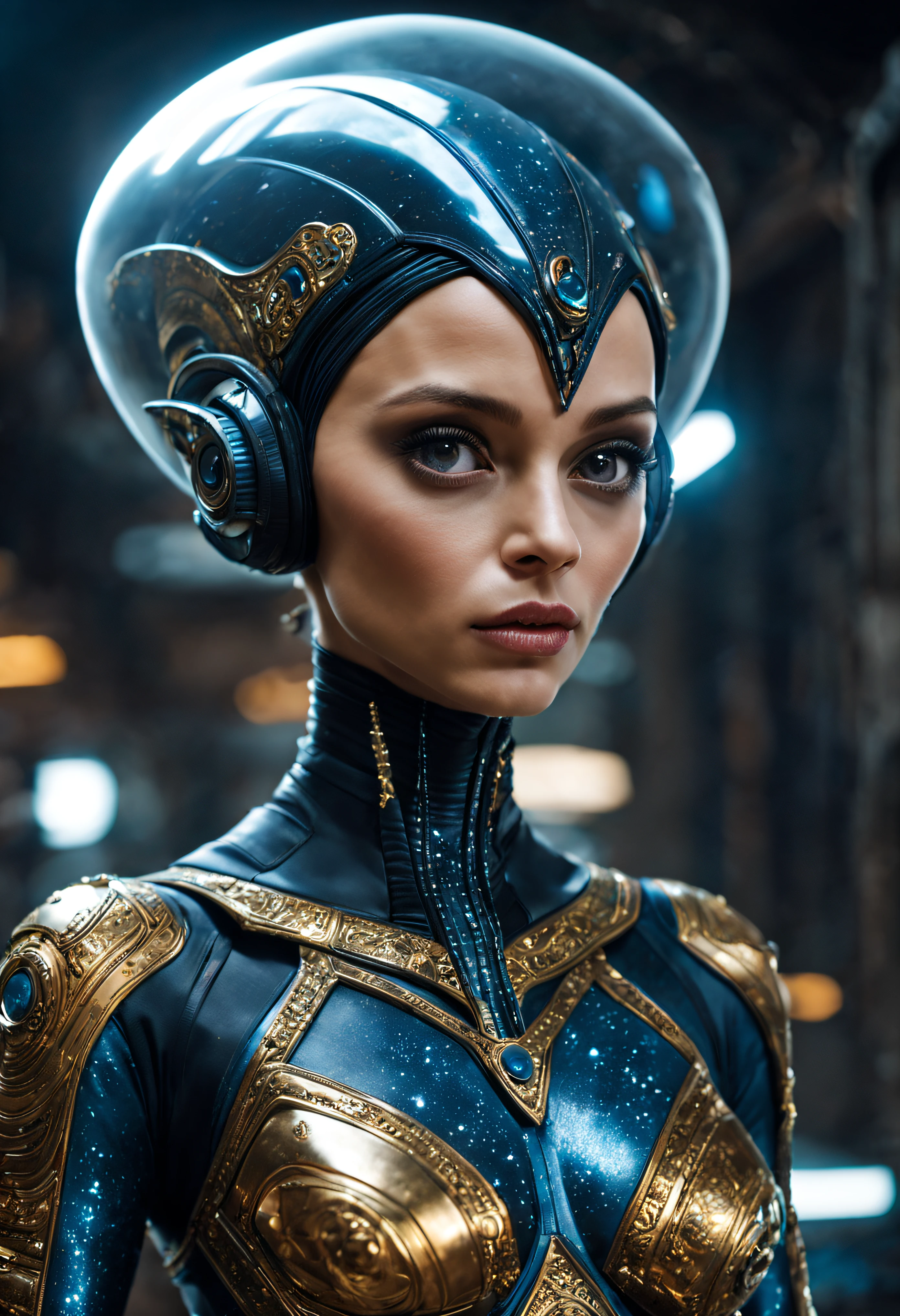 (cuerpo completo), extraterrestrial alien female similar to Lihö-Minaa princess of the people of the planet mül from Valerian and the city of a thousand planets ,vestida de traje de noche corto, engarzado con oro refulgente, priedras preciosas de colores y diamantes, (se encuentra en centro de control de estacion espacial),detalles intrincados de la maquina de alta calidad), estilo cinematografico, nitidez absoluta, imagen 8k.(obra maestra).fondos de pantalla, ultra detallado.