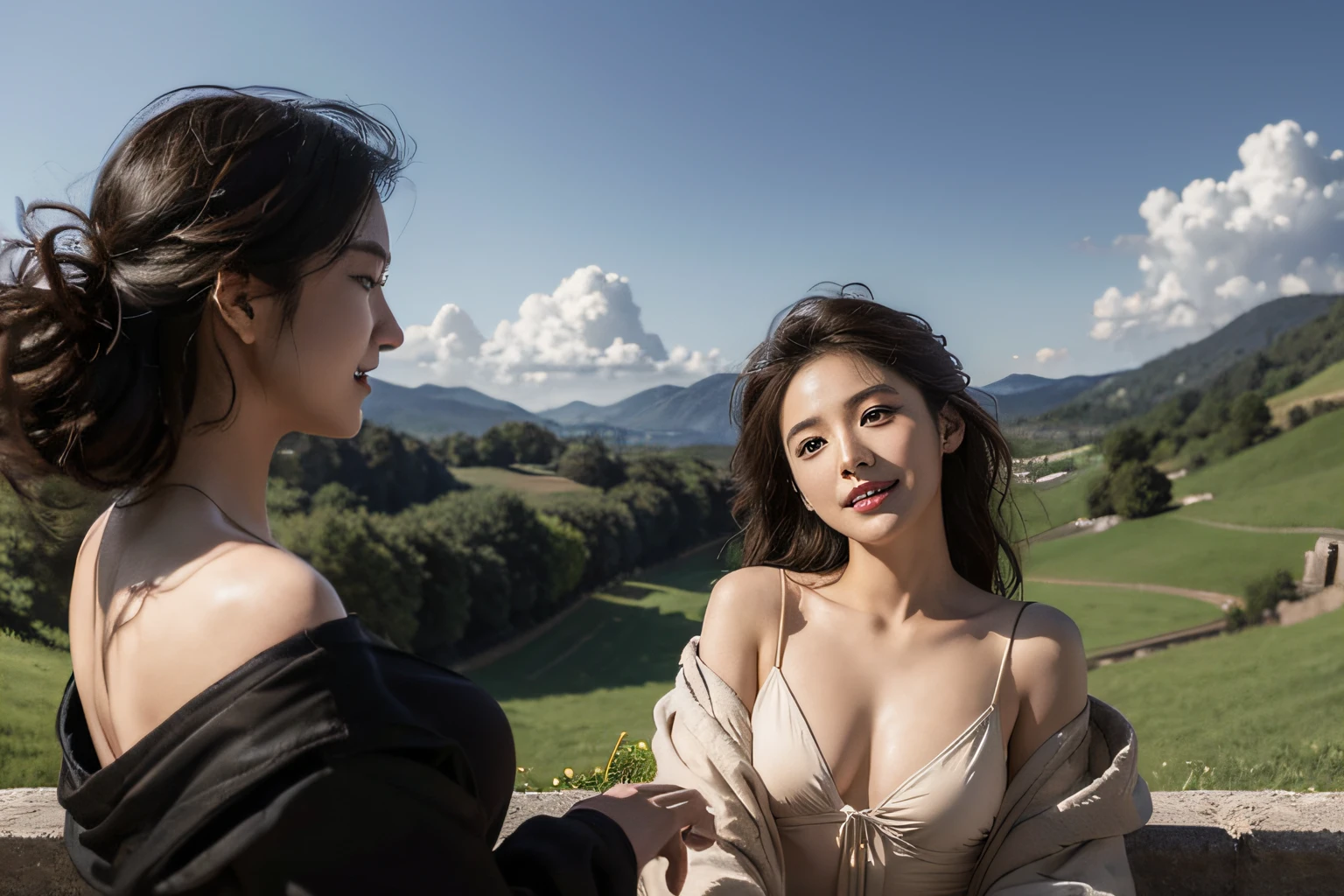 Ancient Roman scenery in the style of Nicolas Poussin,A smile,,Sweet and seductive appearance.、Caravaggio's paintings、Chiaroscuro of Caravaggio、Hair disheveled in the wind,Two women frolicking,Cute smile, Expression of ecstasy,A sexy,erotic