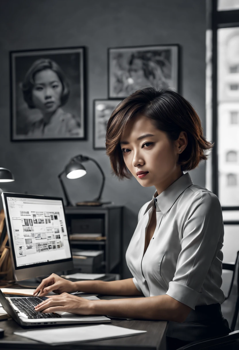 Capture the ethereal of light and shadow in a stunning monochromatic photograph with selective color details of Asian office lady with bob hair, revealing the hidden poetry of desk files, computer, (realistic, photorealistic, RAWphoto:1.4), octane render, (best quality, masterpiece, Representative work, official art, Professional, unity 8k wallpaper:1.3)
