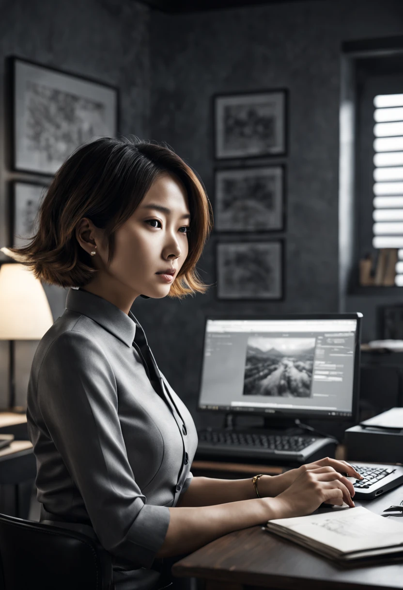 Capture the ethereal of light and shadow in a stunning monochromatic photograph with selective color details of Asian office lady with bob hair, revealing the hidden poetry of desk files, computer, (realistic, photorealistic, RAWphoto:1.4), octane render, (best quality, masterpiece, Representative work, official art, Professional, unity 8k wallpaper:1.3)