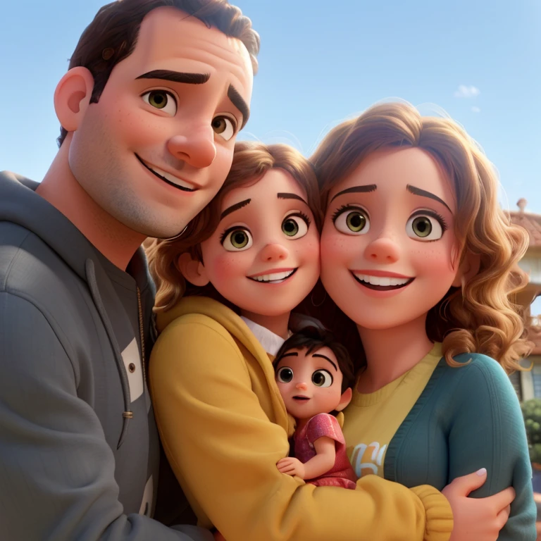 Arafed family posing for photo in front of a house, pixar retrato 8 k foto, Happy family, official illustration, animated film, Arte Oficial, disney render, animation film, Full Resolution, Disney fotorrealista, Cartoon style illustration, animation film still, um alambique de um feliz, animado ainda, Cena realista, family portrait, Disney Pixar filme ainda