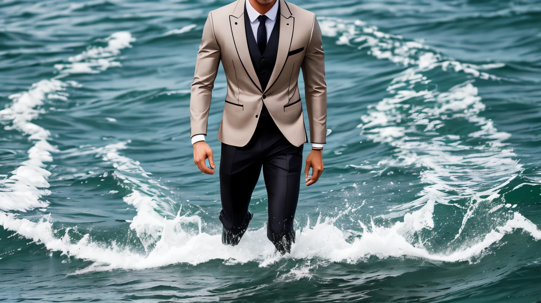 A man with water coming out of his head a lot, standing in the middle of the sea, wearing a black suit, realistic, 2560x1440px --auto --s2