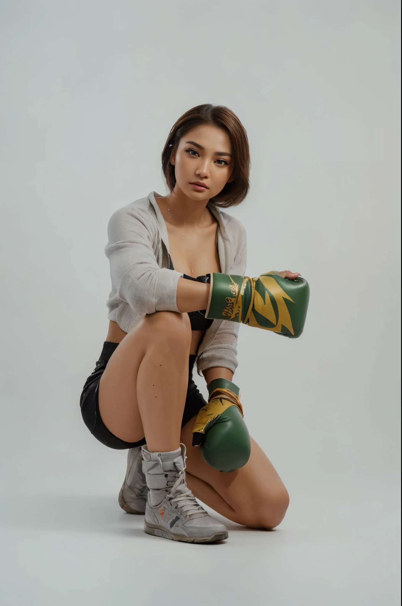 (photorealistic:1.4), best quality, masterpiece, ultra high res, (detailed face:1.2), (detailed eyes:1.2), (detailed hair:1.2), (detailed clothes:1.2), 4k, (detailed color:1.2), Wika Salim ,hand gloves boxing