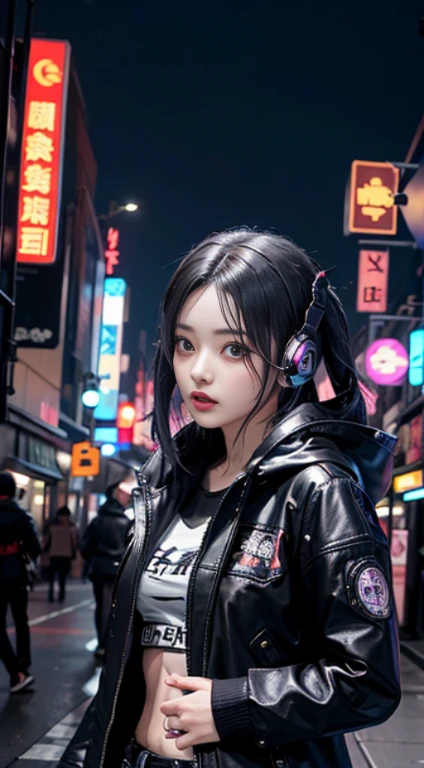 Anime girl with headphones and leather jacket walking down the street, Cyberpunk Anime Girl, female Cyberpunk Anime Girl, cyberpunk vibe, digital cyberpunk anime art, cyberpunk art style, dreamy Cyberpunk Girl, Cyberpunk Anime Girl in hoodie, in Cyberpunk style, 动漫赛博朋克艺术, cyberpunk beautiful girl, digital cyberpunk - anime art, cyberpunk anime art, Cyberpunk Girl, Cyberpunk style, in the cyberpunk city