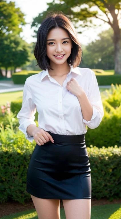(masutepiece), Best Quality, hight resolution, ighly detailed, Detailed background, Perfect light, 1girl solo, bangss, Korean Girl, 20 yo, hight resolution, Solo, flower garden, Sunset,Black hair, Short hair, Water,Smile in the eyes,Lip Smile,{beatiful detailed eyes},Calm expression,Slim Body,medium natural breast, charm,full_Body, kalina, 校服, Short skirt, Standing, Unbuttoned shirt,Real Hand,DetailPace(Detailed Pace),Kalina Lorash