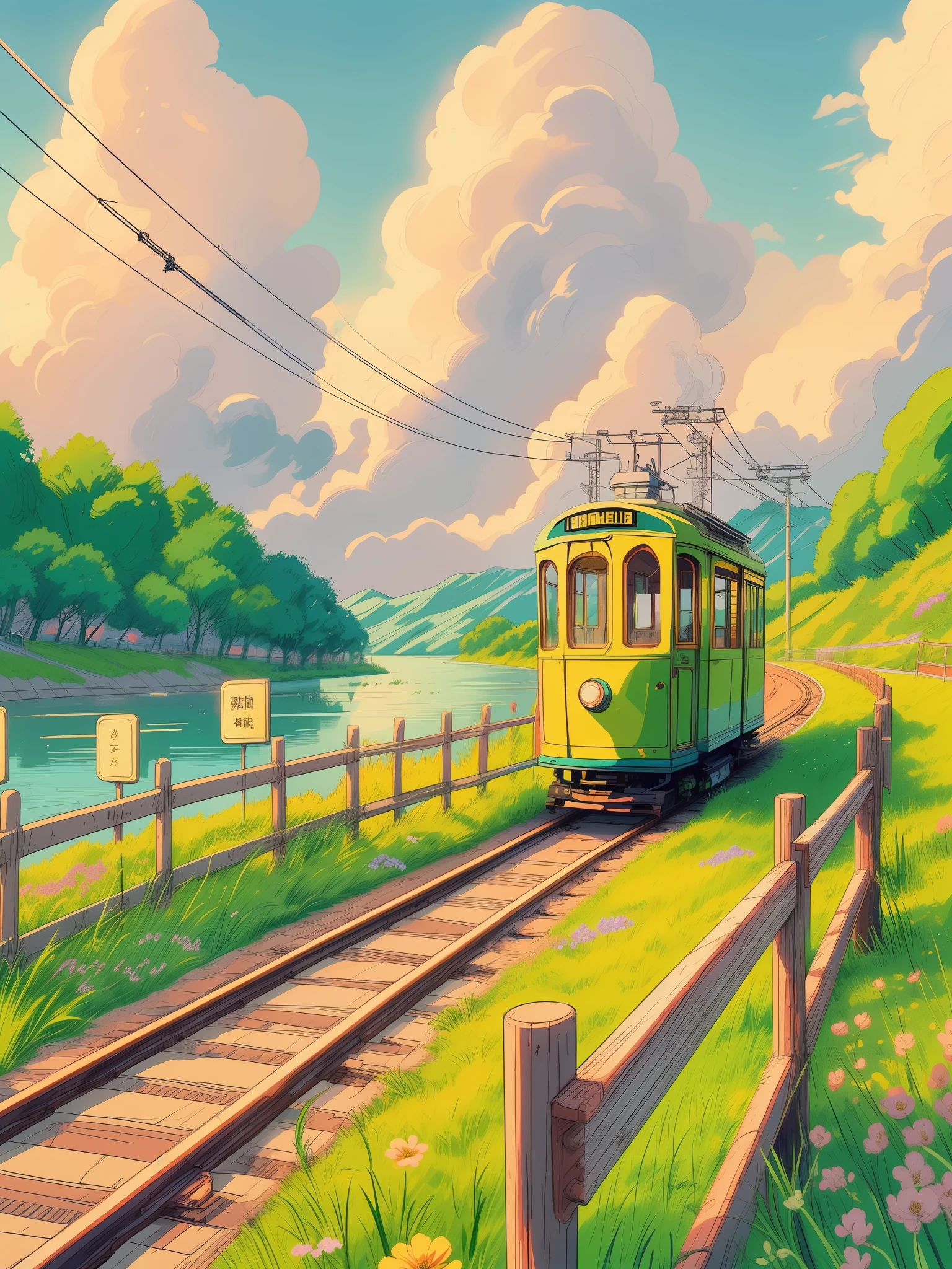 Draw an anime lofi ghibli style scene of view light green amll cute tram on a grass and flowers covered track beside a lake, fencing, yellow signboards, natural color tones, cloudy magical sky, beautiful color palette, vibrant saturated colors, masterpiece, cinematic cloudy sky, no human