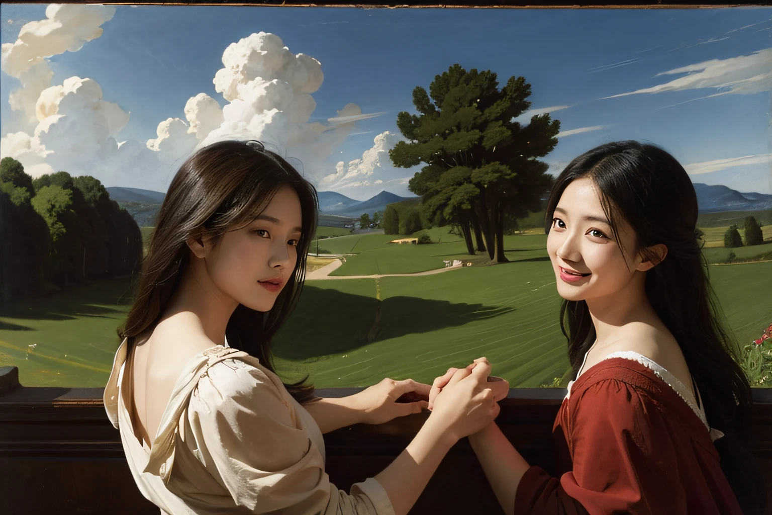 Poussin-style landscape,A smile,,Sweet and seductive look.、Caravaggio's paintings、Chiaroscuro of Caravaggio、Hair disheveled in the wind,Sit up