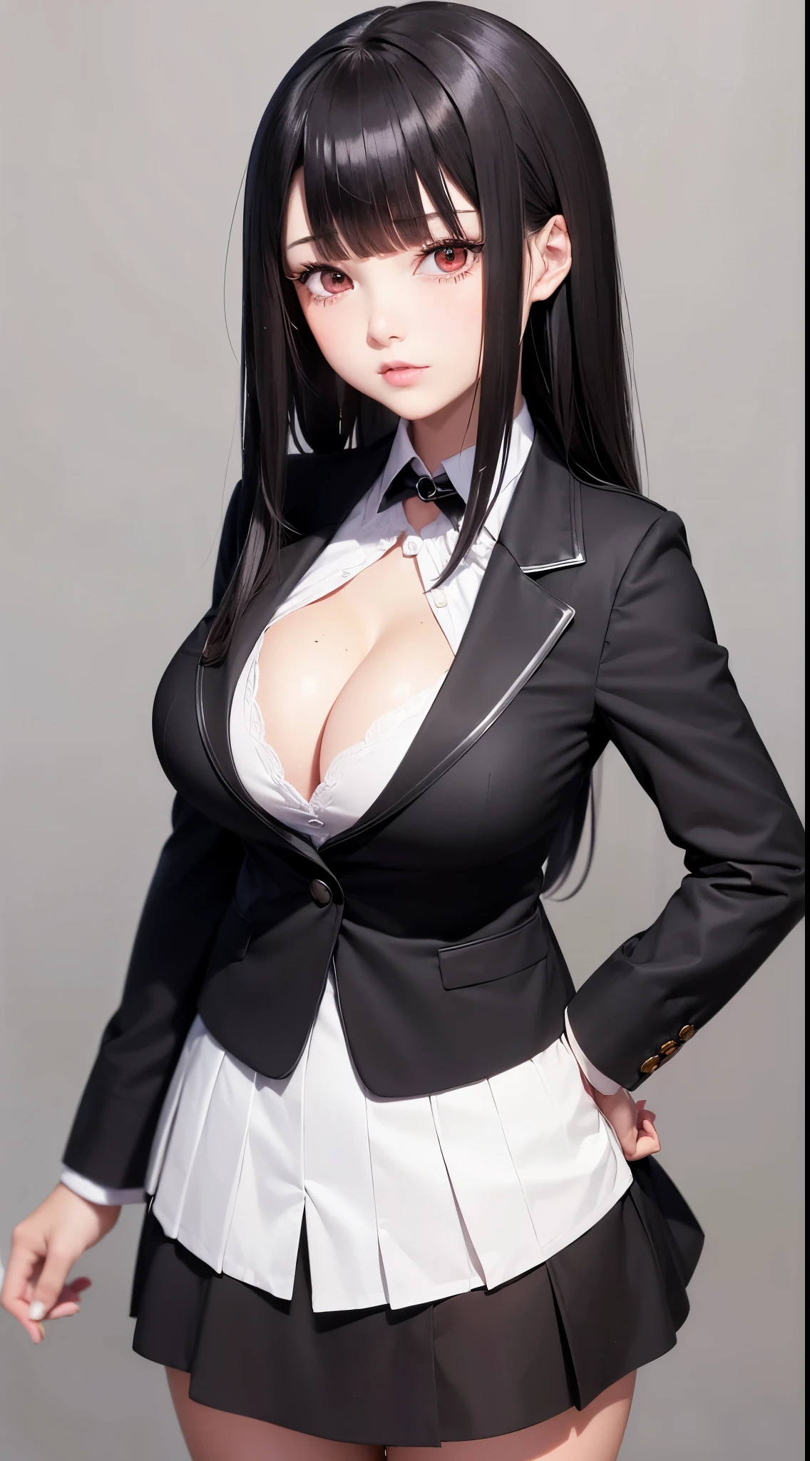 ((Best Quality)), ((masutepiece)), (Detailed), (highlight), Perfect face　Young girl with detailed face showing cleavage、Red eyes and long, thick, glossy, beautiful black hair with blunt bangs、Single-color background、Standing wearing student council president blazer and miniskirt school uniform、
