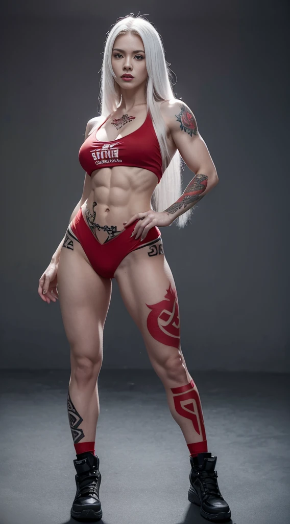 A woman bodybuilder standing, solo, full body tattoo, red colour tattoo, pale skin, muscular body, long white hair, super detailed, realistic, 8k