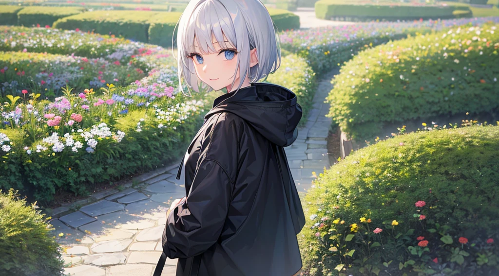 Ultra-high image quality,Look at viewers, hands behind back, girl with, 20 years old, Very short hair, long bangs between eyes, blue eyess,Black eyes, Hoodie, Skirt , Extremely detailed,(masterpiece、top-quality),White hair、A smile、Fantastical, Silver hair,, Hoodie, White hoodie,a black skirt,Hair is short,White jacket, Casual style,Open jacket, Cowboy Shot、Fluttering hair、a small face、Bright smile、(Detailed face) ,profetional lighting,fantastic landscape, Sunlight,look down from above、open open mouth、5 fingers、inside in room、sleeps in a bed、