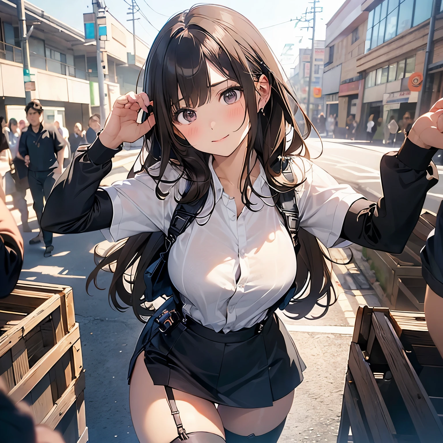 Brown hair、watching at viewers　　　black suspenders　　　Bulging big breasts　　 　 　　　walls: 　Black miniskirt　garters　　　　　　Gaze　　　Small face　bangss 　　　holster　　　Beautuful Women　　hands up　　レッグholster ベッドに横たわる　　Gaze 　black boots panty shot　provocation　flank　flank汗　soio 　arm