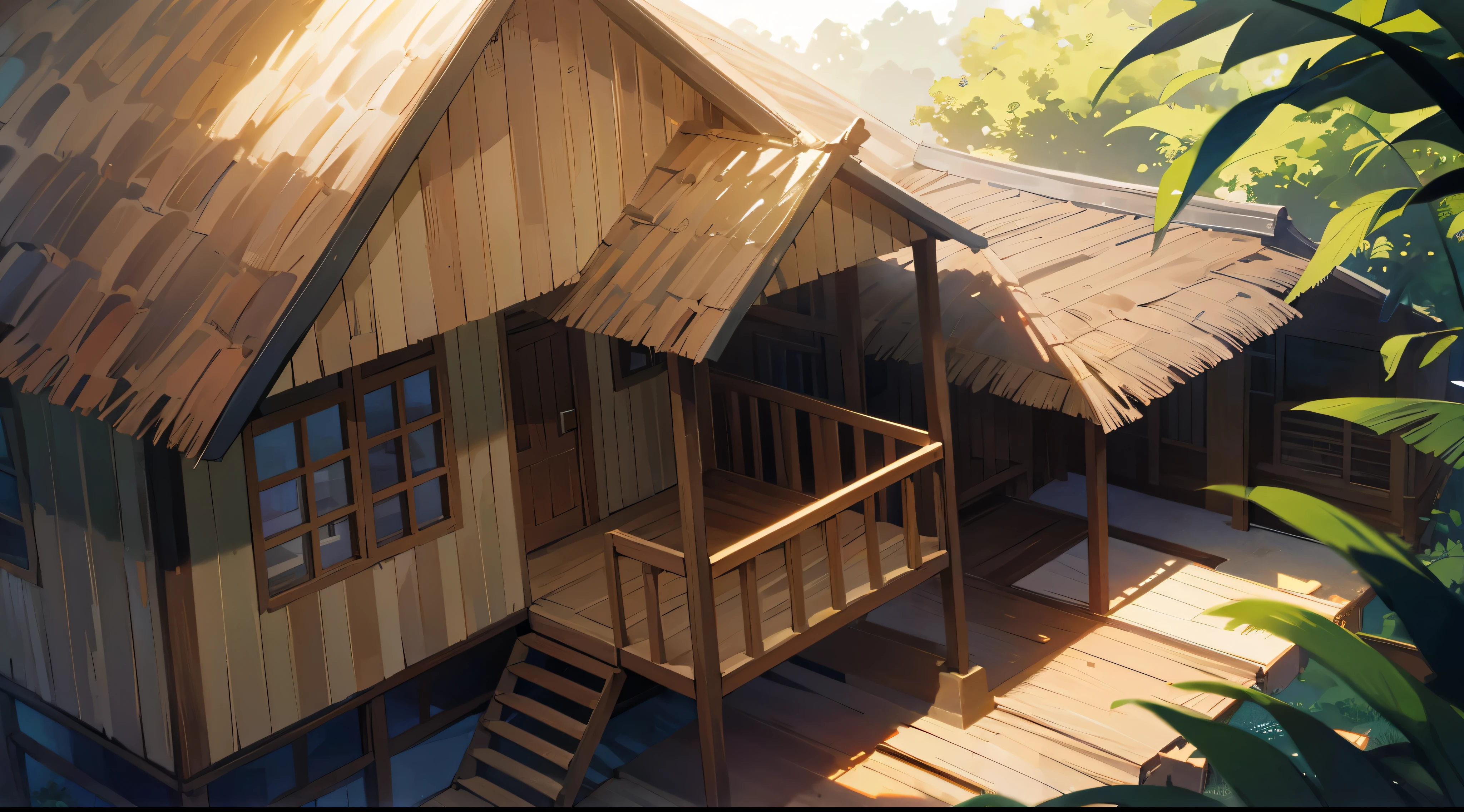 wooden stilt house in the jungle, big wooden house, house made of wood, thatch roof, window, stairs, fence, door, wooden house, dirt ground with grass and bush, day time