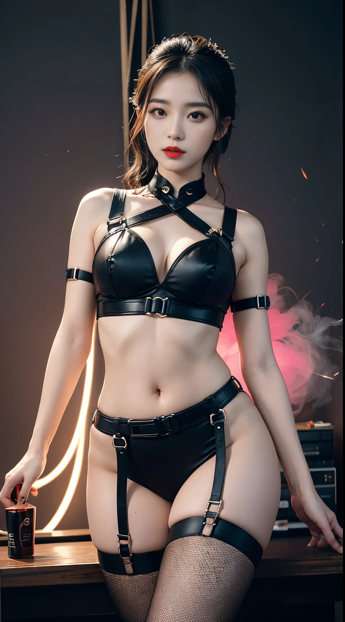 Beautiful Girl, Korean makeup, Red lips, thigh, medium chest, Perfect body, harness, harness da, harness many details, Black Harness, quần thigh gives bó sat, tư thế nhảy dancer, cảnh quang sân khấu night club, LED Lights, laser, smoke,
