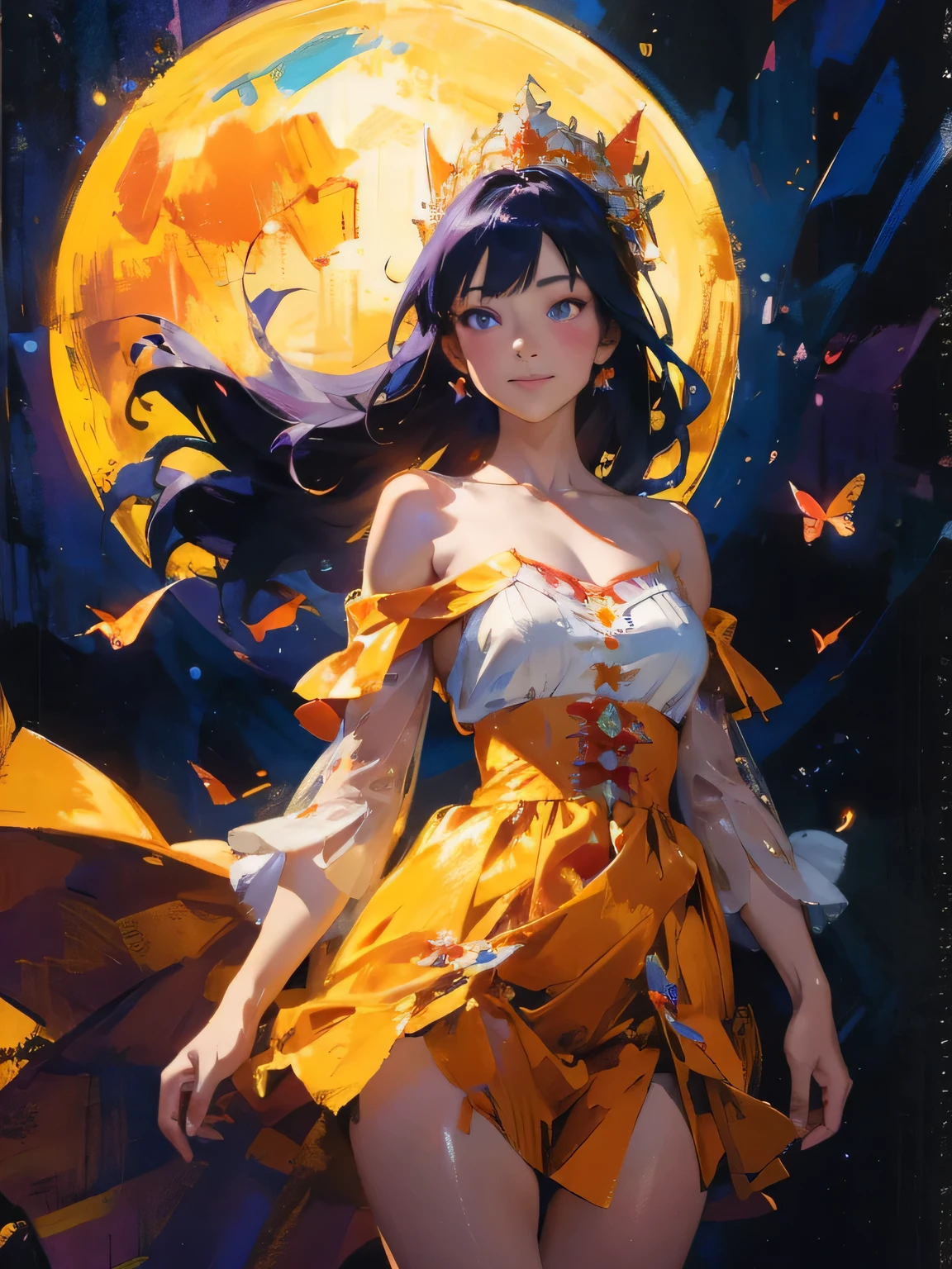 (((masterpiece)))、(((top-quality)))、((ultra-detailliert))、(illustratio)、((extremely delicate and beautiful))、Bright smile、floating、(Detailed light) (1girl in)、、独奏、The long-haired、The wind is blowing、A WORLD、(cute eye)Wizard Hat, red blush, blush stickers, cleavage of the breast, bare shoulders, doress, off shoulders, cowboy shot, is standing, A smile, Vast landscape photos、(View from below with a view of the sky and the wilderness beloirl standing in a flower field and looking up、(fullmoon:1.2)、(shooting stars:0.9)、(nebulas:1.3)、mountain in the distance、Tree BREAK Production Art、(Warm color Light Source:1.2)、(fireflys:1.2)、abajour、Purple and orange、intricate detailes、Volume Lighting BREAK (masterpiece:1.2)、(top-quality)、4k、ultra-detailliert、(The composition of the movement:1.4)、Highly detailed and colorful details(Irridescent color:1.2)、(glowing lighting、Atmospheric illumination)、dream-like、Magical、(独奏:1.2)