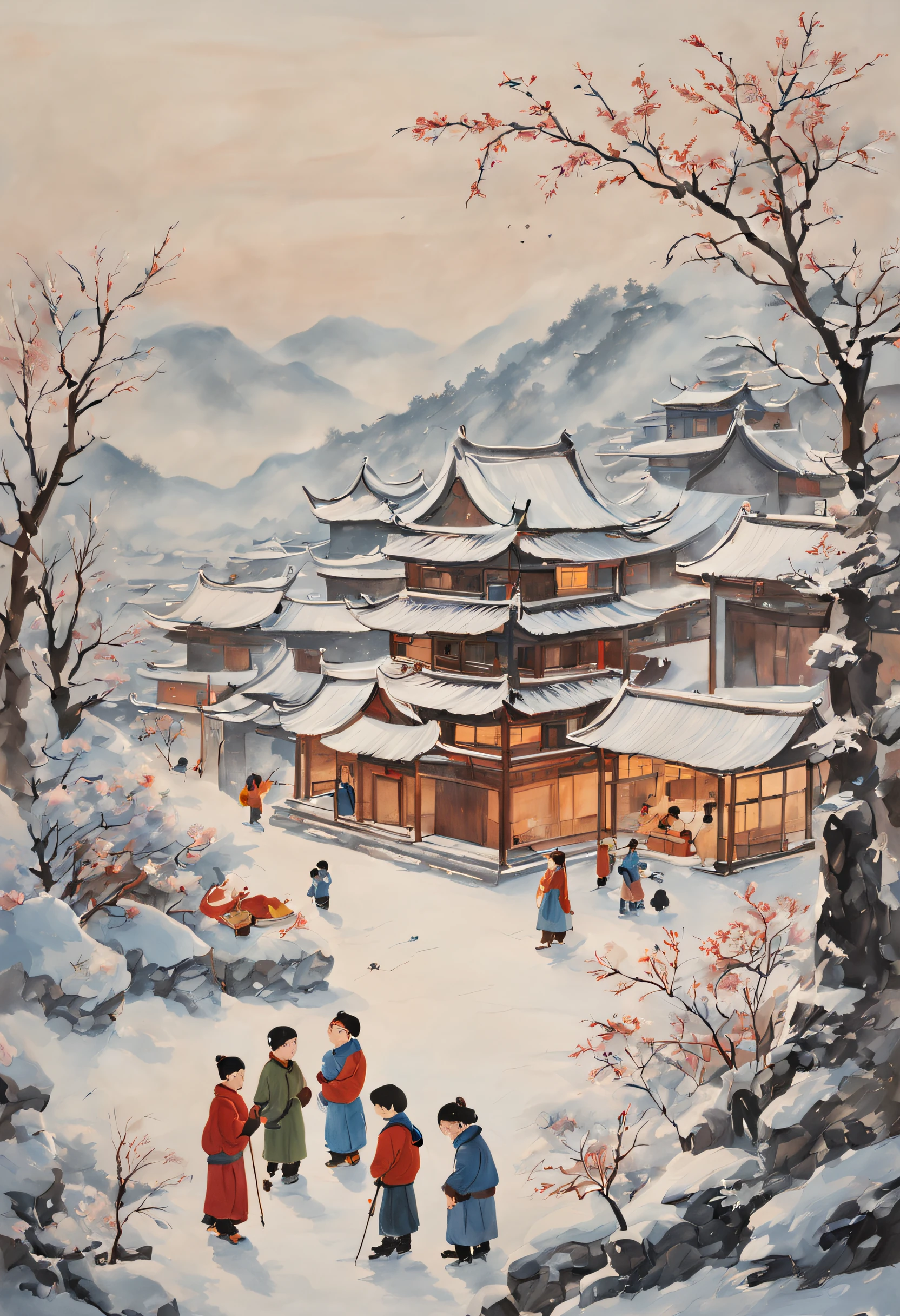 at winter season，Traditional chinese painting，with an antique feel，highland，college，many children playinake a snowman，farce，Scenes，Clear detail