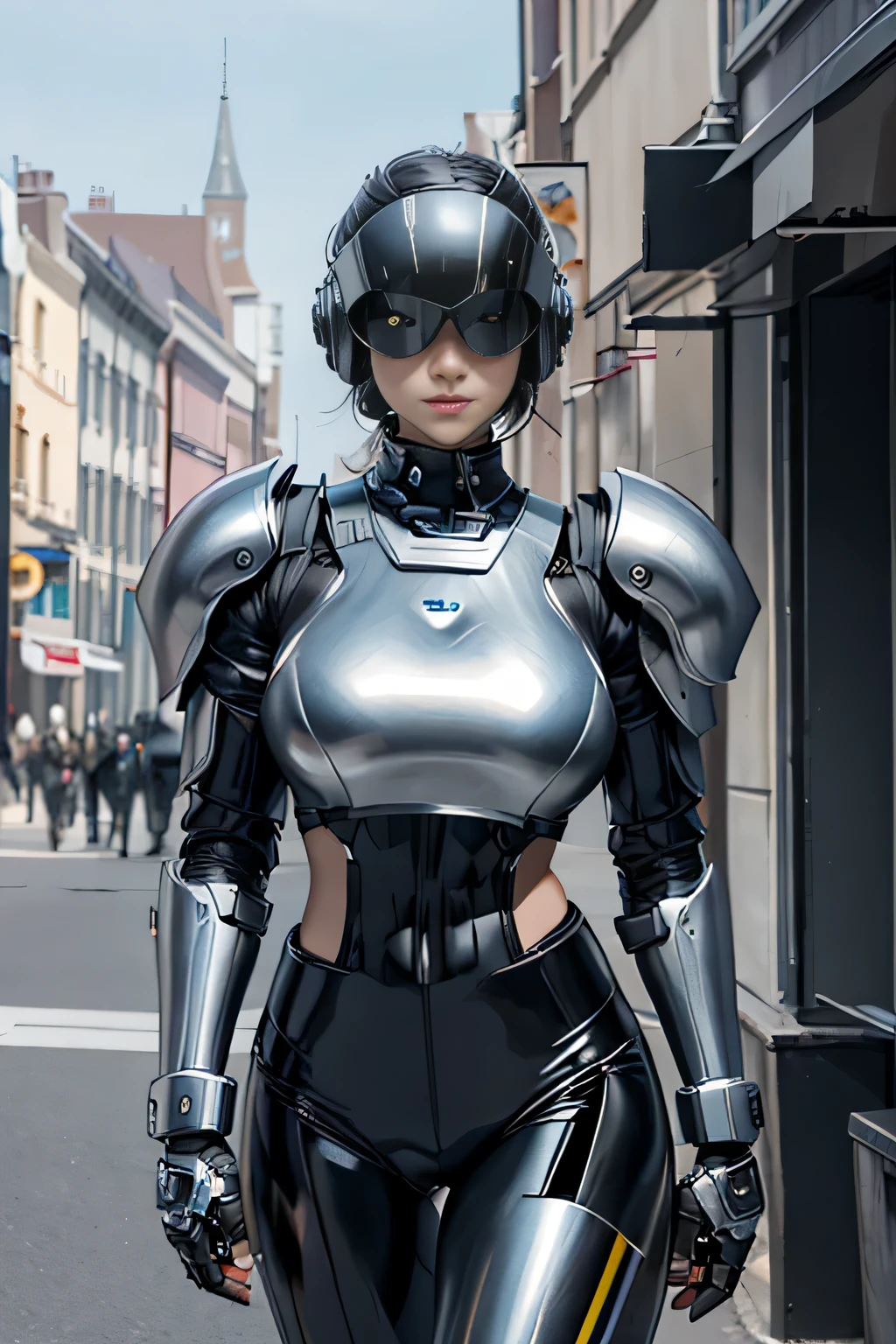 female robocop solo、Armor that completely covers the whole body、very large armor、Helmet to hide your eyes、Rainbow Armor、Armor that completely covers the chest、Slender and long legs、Vibrant Posel Body View