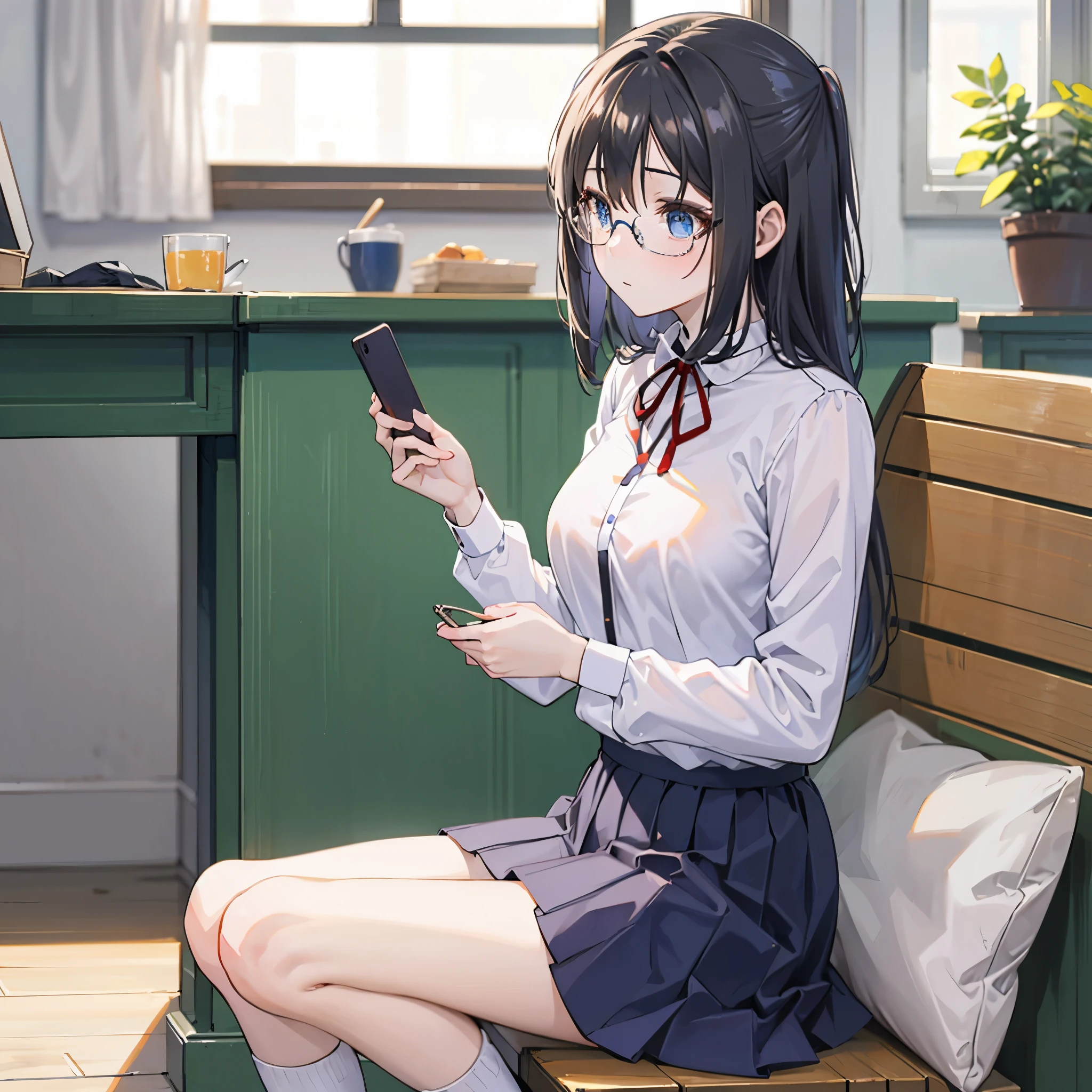(masterpiece, best quality), a young black haired girl office secretary dressed in a transparent white blouse and black office skirt and black pantyhose ,sitting in an office chair, holding pencil, (detailed skin:1.3),(detailed eyes), (sharp focus),
