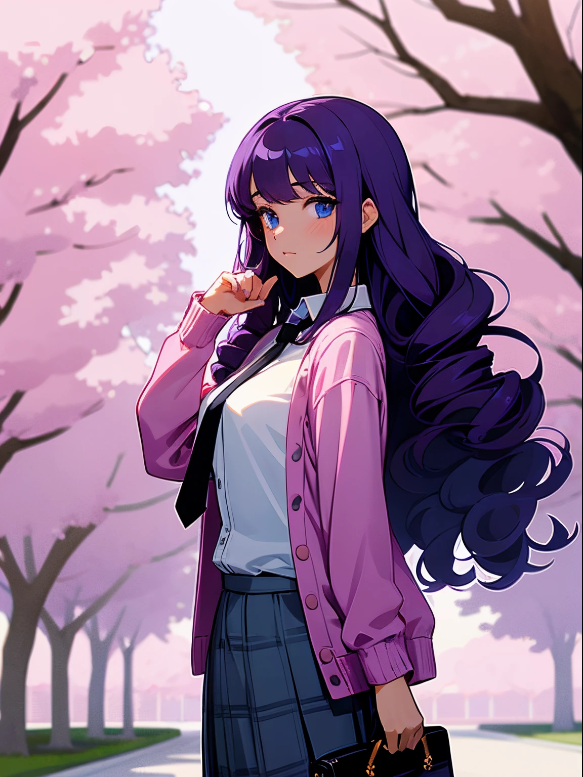 A beautiful woman with long wavy dark purple hair, drill curls, bangs tucked to the side, blue eyes, light tanned skin, blank expression, looking to the side, wearing a white shirt, plain black necktie, blue checkered skirt, and pink cardigan. at the park, nighttime, surrounded by cherry blossom trees