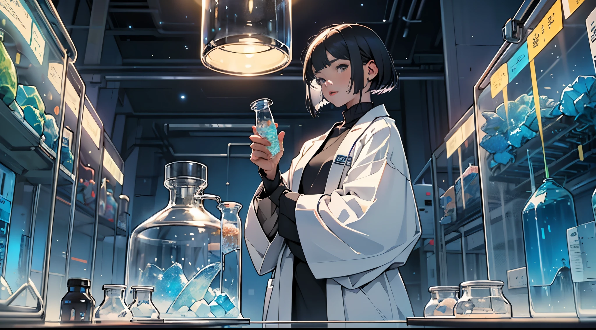 Girl with a dark bob in a robe, Scientist in a white lab coat stands in front of laboratory equipment, holding in his hands a small bag of shimmering blue sea crystals., laboratory, filled with tubes, bottles, and equipment,,In the style of the stars of the Xing Xing art group, 12), Best Quality, Masterpiece, super detaill, High Details