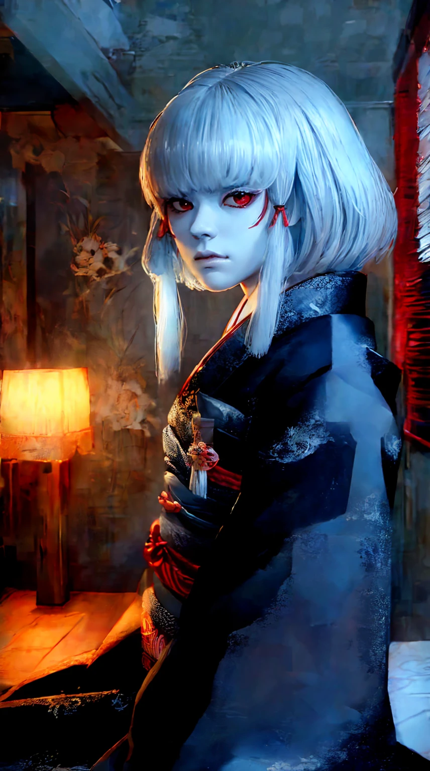 1girl,solo, serious face, kimono,horror,Japanese style,in dim room,best quality,(masterpiece:1.2),8K,ultra detailed