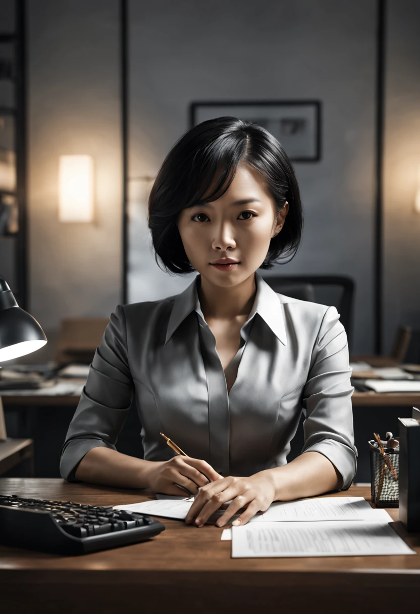 Capture the ethereal of light and shadow in a stunning monochromatic photograph with selective color details of Asian office lady with short_neat_bob, revealing the hidden poetry of desk files, computer, (realistic, photorealistic, RAWphoto:1.4), octane render, (best quality, masterpiece, Representative work, official art, Professional, unity 8k wallpaper:1.3)