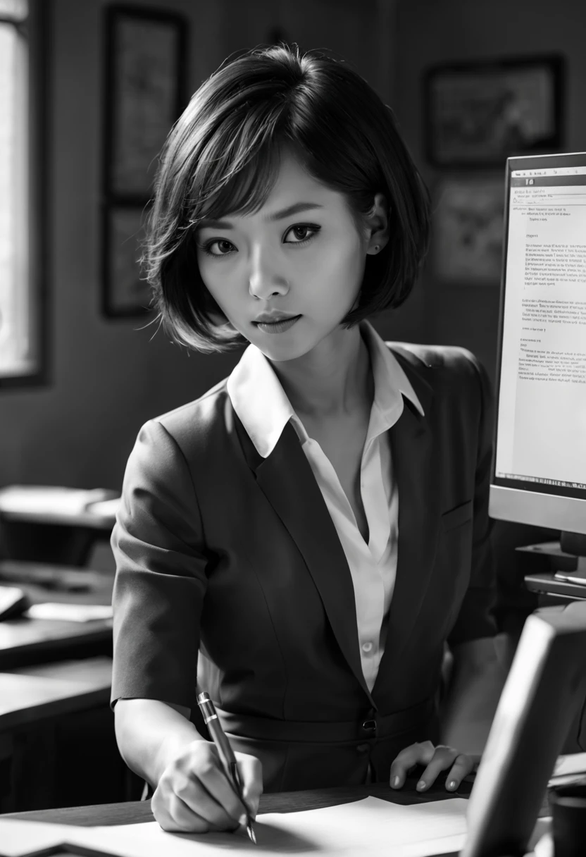 Capture the ethereal of light and shadow in a stunning monochromatic photograph with selective color details of Asian office lady with short_neat_bob, revealing the hidden poetry of desk files, computer, (realistic, photorealistic, RAWphoto:1.4), octane render, (best quality, masterpiece, Representative work, official art, Professional, unity 8k wallpaper:1.3)