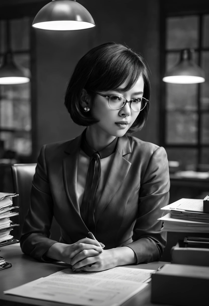Capture the ethereal of light and shadow in a stunning monochromatic photograph with selective color details of Asian office lady with short_neat_bob, revealing the hidden poetry of desk files, computer, (realistic, photorealistic, RAWphoto:1.4), octane render, (best quality, masterpiece, Representative work, official art, Professional, unity 8k wallpaper:1.3)