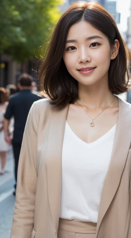 Realism, surrealistic painting, Photo-Real, Sunlight, (Perfect body:1.1), (Sideways:1.4), (short wavy:1.2), Smile, Russet Hair, Diamond necklace, Full body photo, Crowded streets, brown casual suit, White undershirt, (Very detailed 8k wallpaper), (Very sophisticated、Beautiful fece), (masutepiece), (Best Quality: 1.0), (super High resolution: 1.0), Beautiful lighting, Realistic Shadows, High resolution, Detailed skin, super detailed,