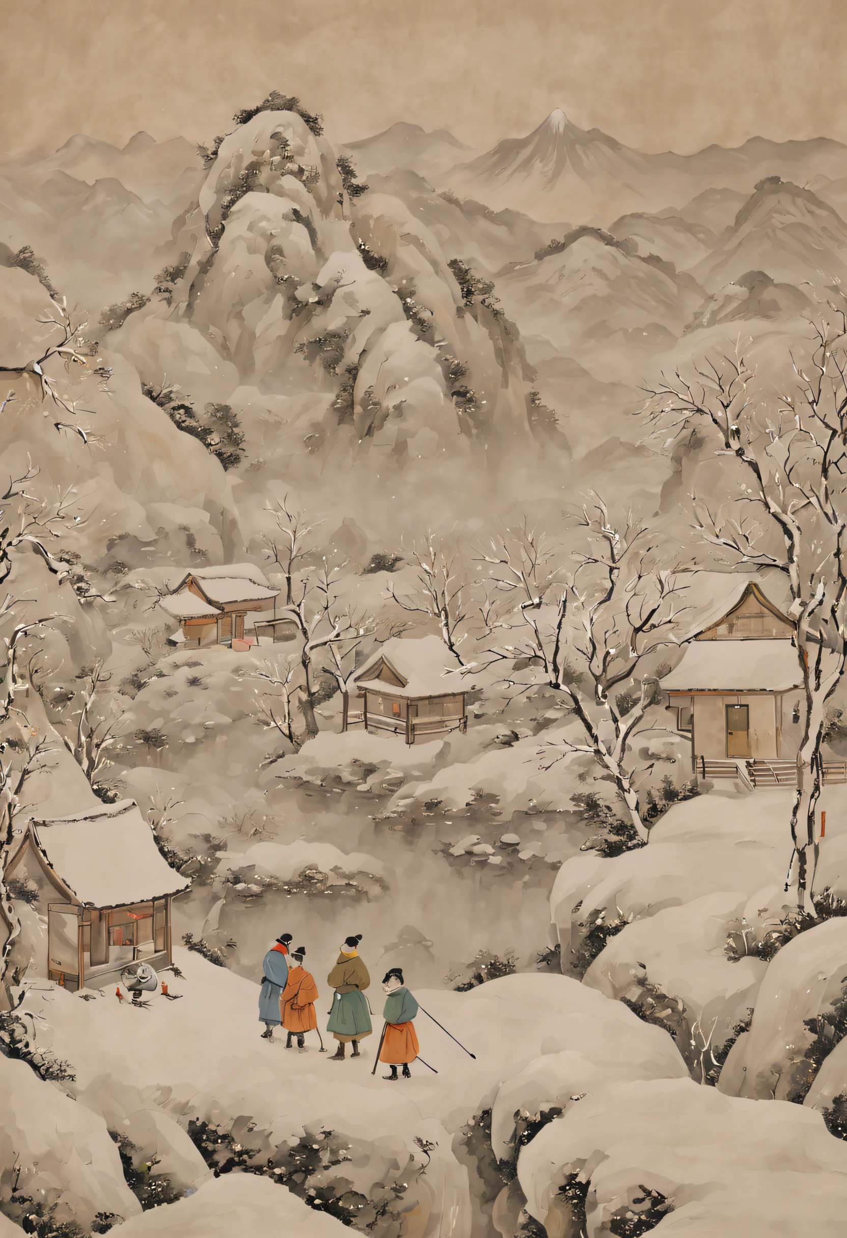 at winter season，Traditional chinese painting，with an antique feel，highland，college，many children playinake a snowman，farce，Scenes，Clear detail