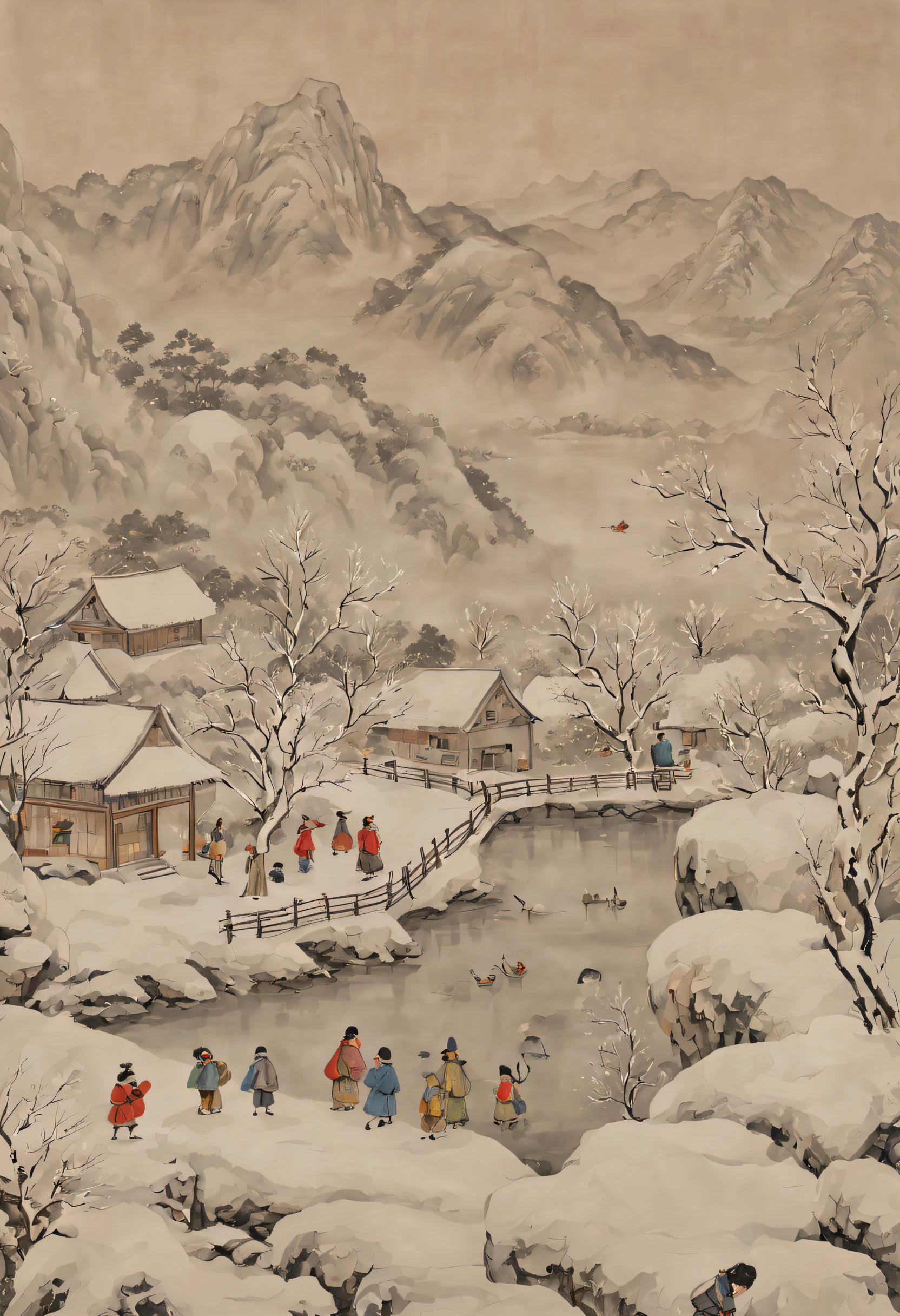 at winter season，Traditional chinese painting，with an antique feel，highland，college，many children playinake a snowman，farce，Scenes，Clear detail