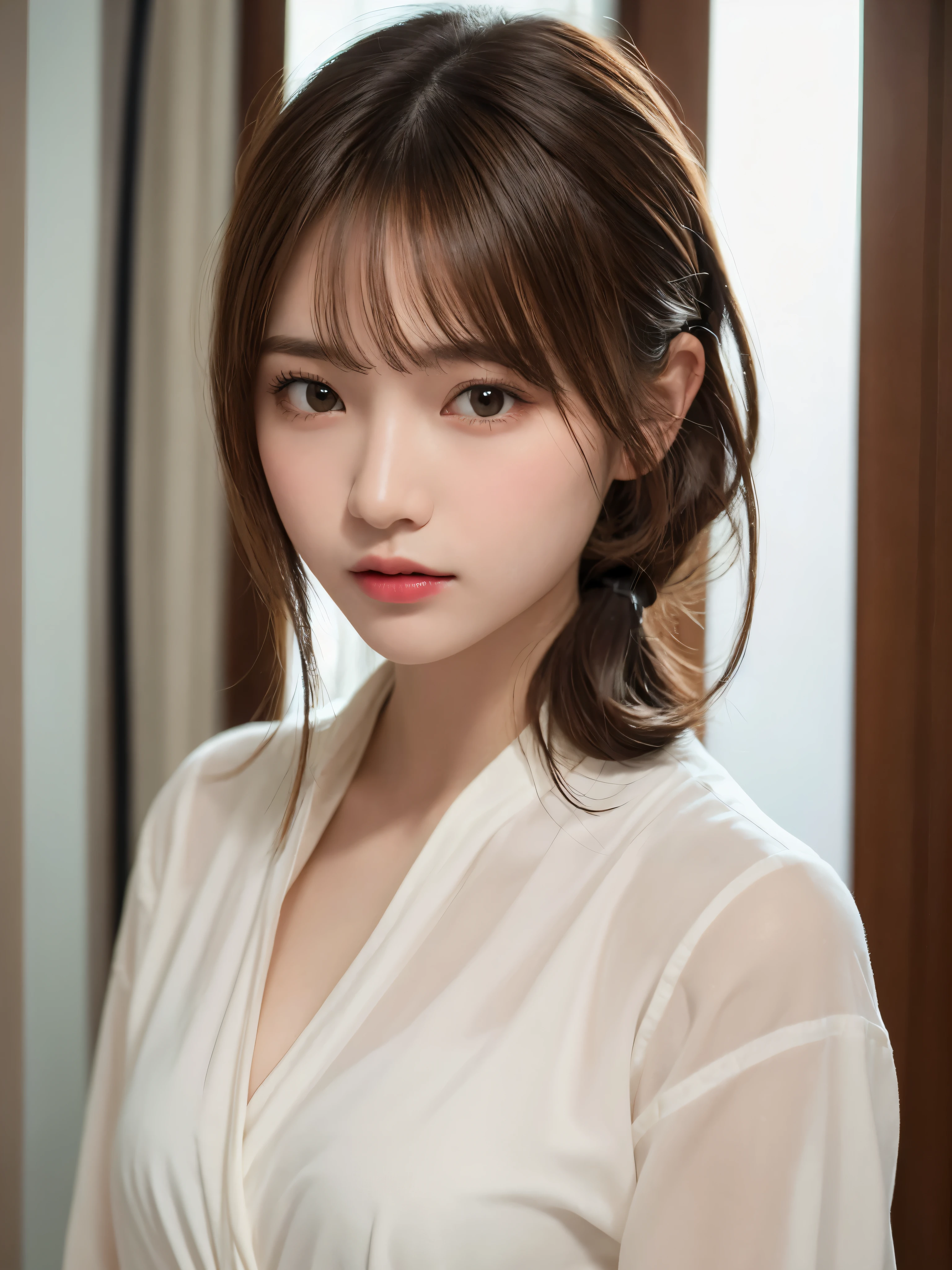 ((NSFW))、(masterpiece:1.5)、(8K)、(Photorealsitic:1.5)、Raw photography、(Top image quality:1.4)、(foco nítido:1.5)、 top-quality、masterpiece、超A high resolution、Perfect dynamic composition、 20 years old、slender、Unwind in the living room、prety woman:1.4、serious facial expression、 Wearing a white blouse、 The chest is wide open、light brown hair、Hairstyle is ponytail、Glowing hair、 Super Detail Face、A detailed eye、二重まぶた、 Natural Color Lip、Transparent skin、