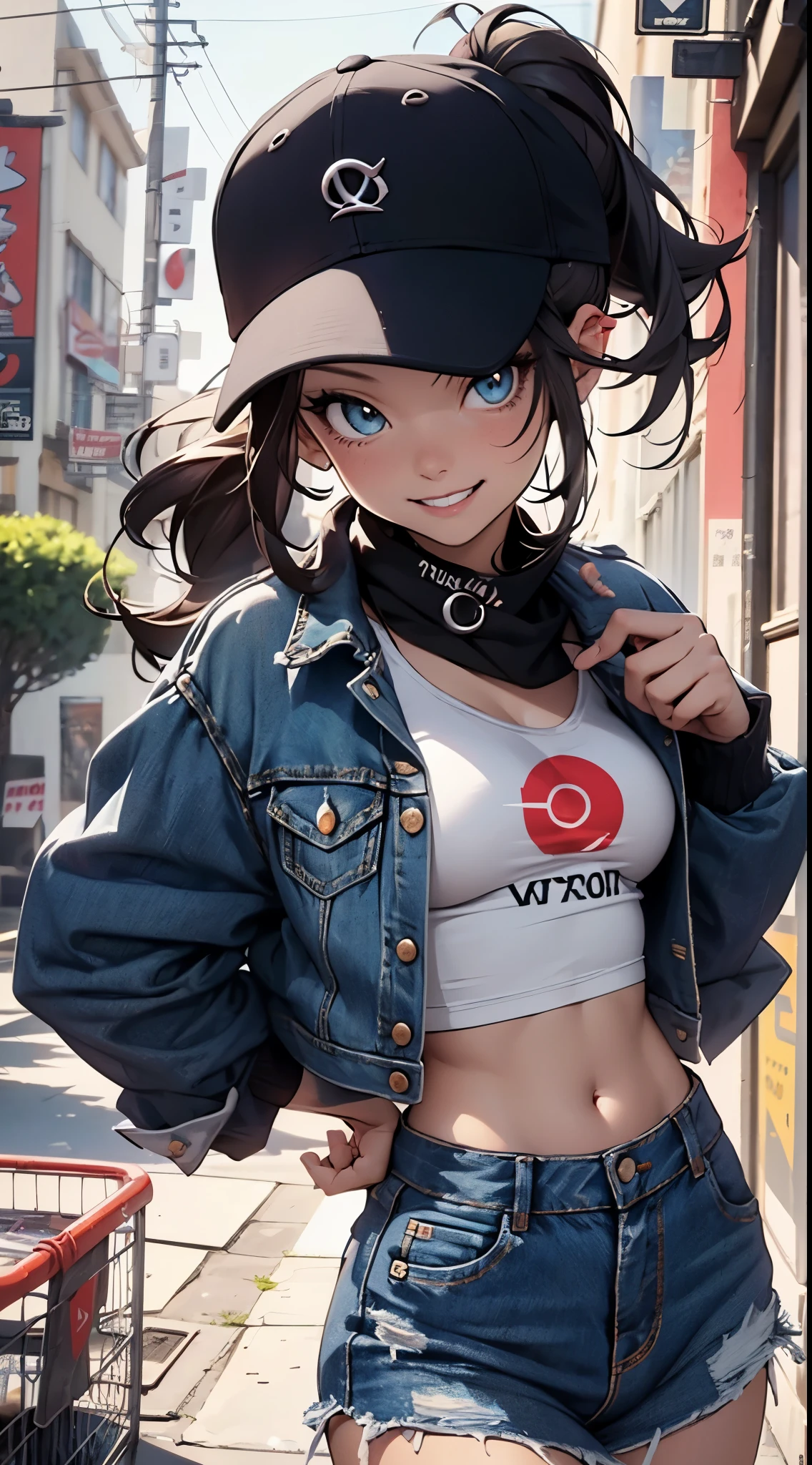 (looking at viewer:1.4), portrait, (standing:1.2),(supermodel:1.2), (frilled bra:1), hilda_(pokemon), 1girl, hat, denim, brown_hair, holding, baseball_cap, blue_eyes, long_hair, {{laughing}}, hand_making_the_peace_symbol, high_ponytail, ponytail, small_breasts, big smile, (Punk rock fashion), upper body piercing, bedroom, Pokemon_style, pokemon_Characters