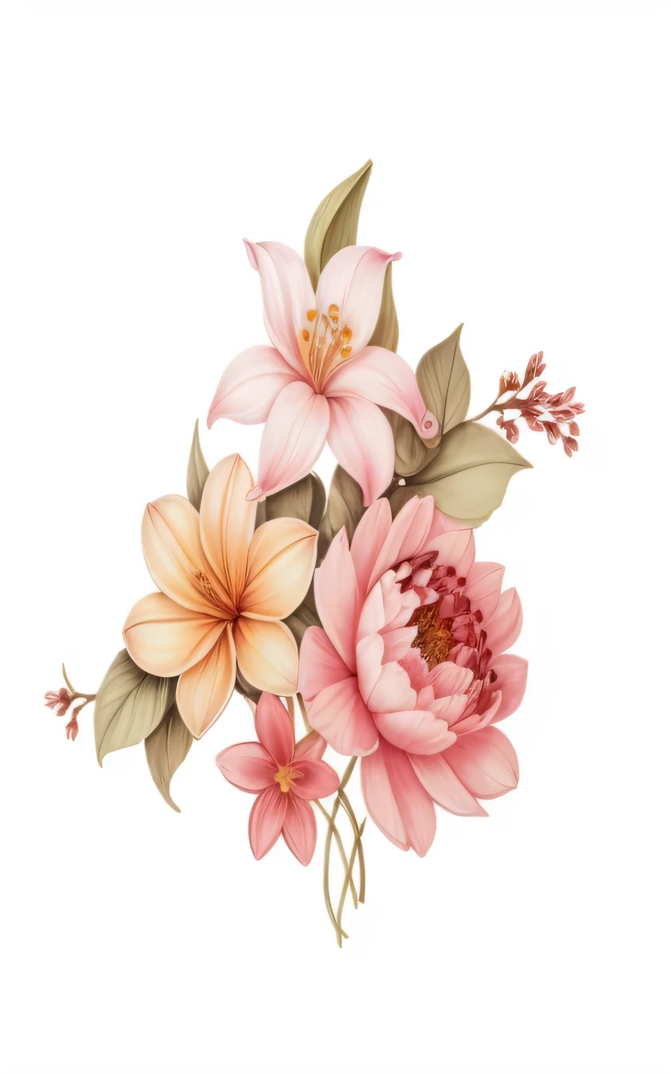 there is a picture of a bouquet of flowers on a white background, smooth botanical illustration flower with high res and detailed with leaf, botanical illustration flower with beautiful, pairre joseph redute, style elegant