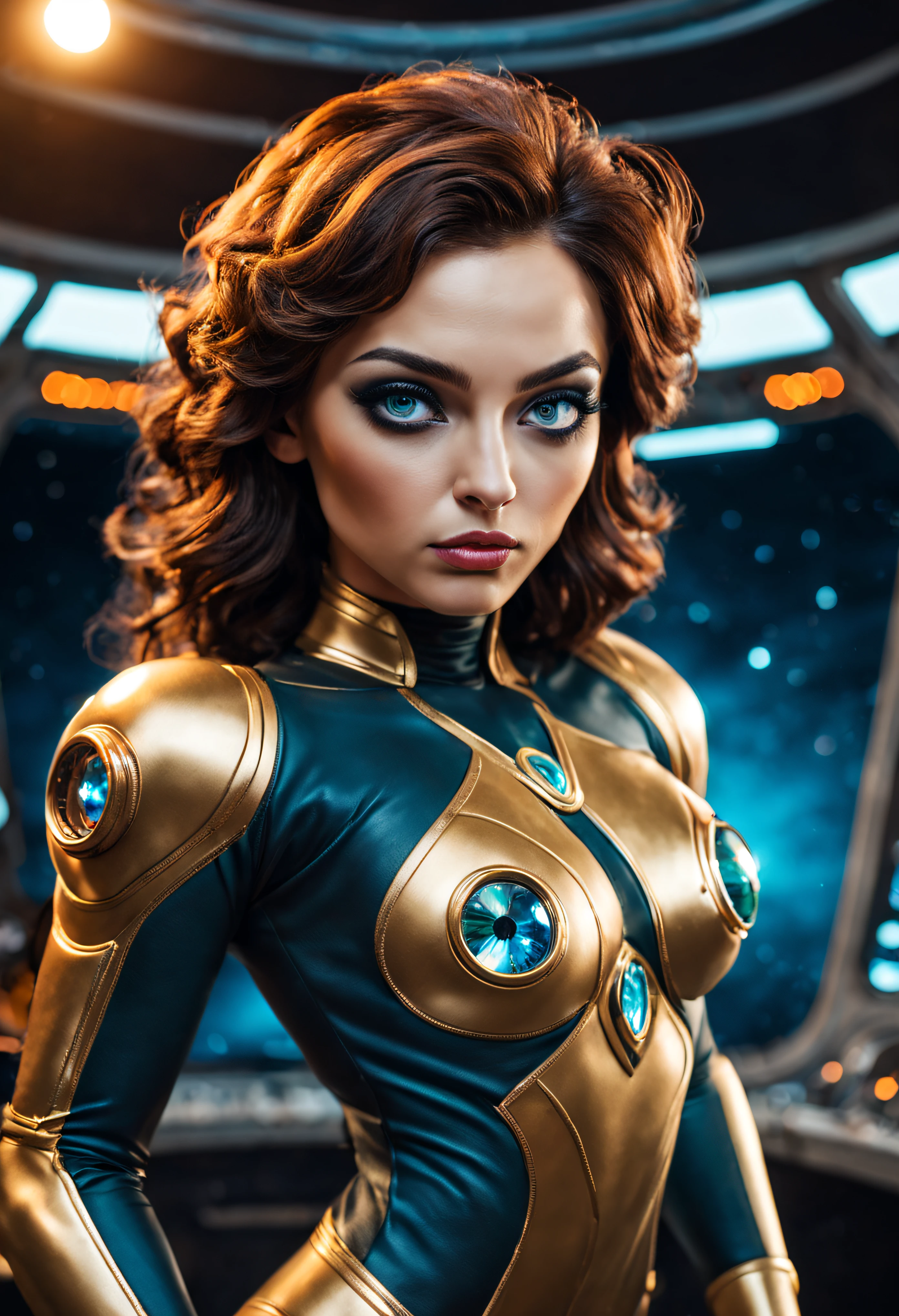 alienigena extraterrestre de ojos grandes cara agradable de otro planeta cuerpo escultural atletica y voluptuosa, vestida de traje de noche corto, engarzado con oro refulgente, priedras preciosas de colores y diamantes, (se encuentra en centro de control de estacion espacial),detalles intrincados de la maquina de alta calidad), estilo cinematografico, nitidez absoluta, imagen 8k.(obra maestra).fondos de pantalla, ultra detallado.