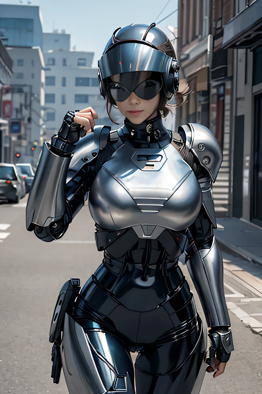 female robocop solo、Armor that completely covers the whole body、very large armor、Helmet to hide your eyes、Rainbow Armor、Armor that completely covers the chest、Slender and long legs、Vibrant Posel Body View